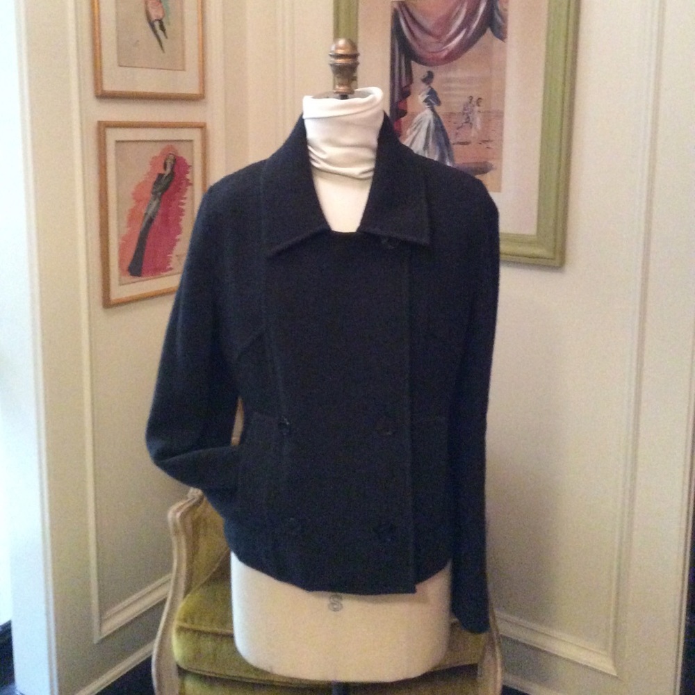 Black, double breasted buttoned knit pea coat.